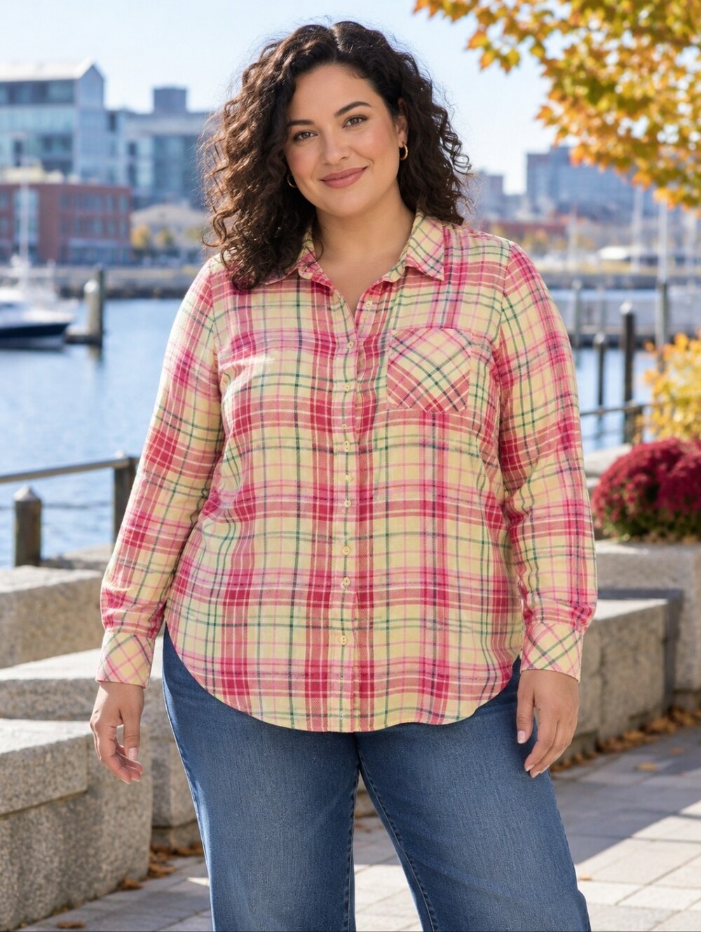 NWT Torrid Lizzie Plaid Rayon Twill Button Down Shirt 4X 26 Pink Yellow